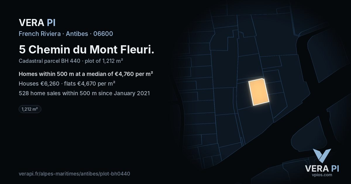 5 Chemin du Mont Fleuri, Antibes at night – the plot lit, the parcels around coloured by the prices near them