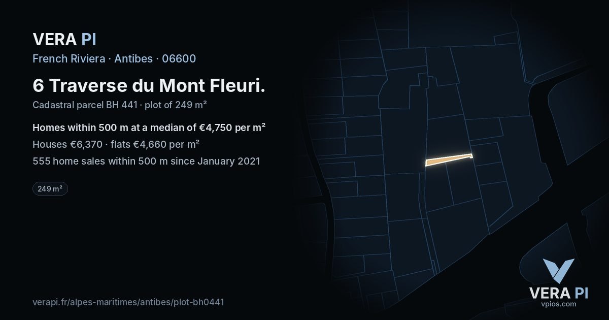 6 Traverse du Mont Fleuri, Antibes at night – the plot lit, the parcels around coloured by the prices near them