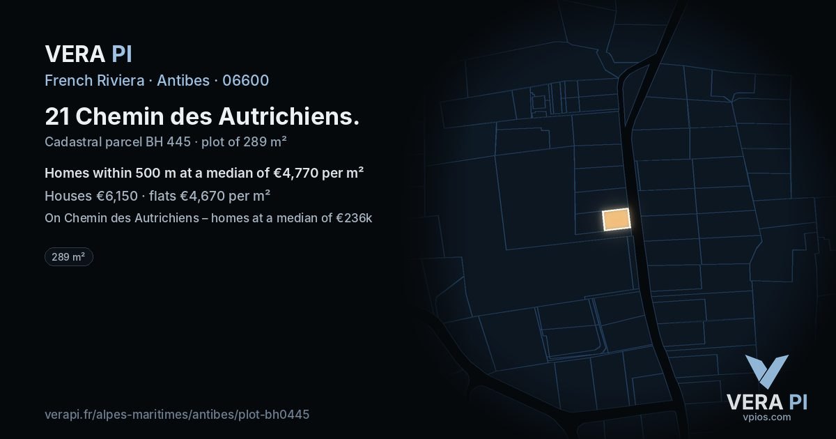 21 Chemin des Autrichiens, Antibes at night – the plot lit, the parcels around coloured by the prices near them