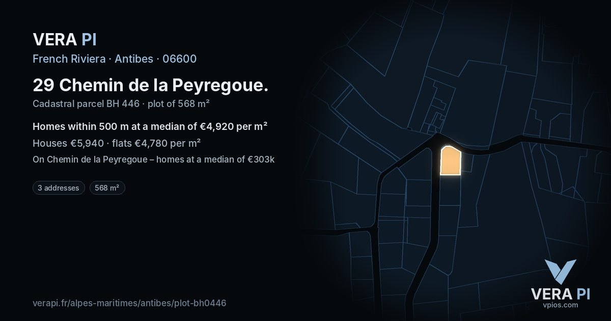 29 Chemin de la Peyregoue, Antibes at night – the plot lit, the parcels around coloured by the prices near them