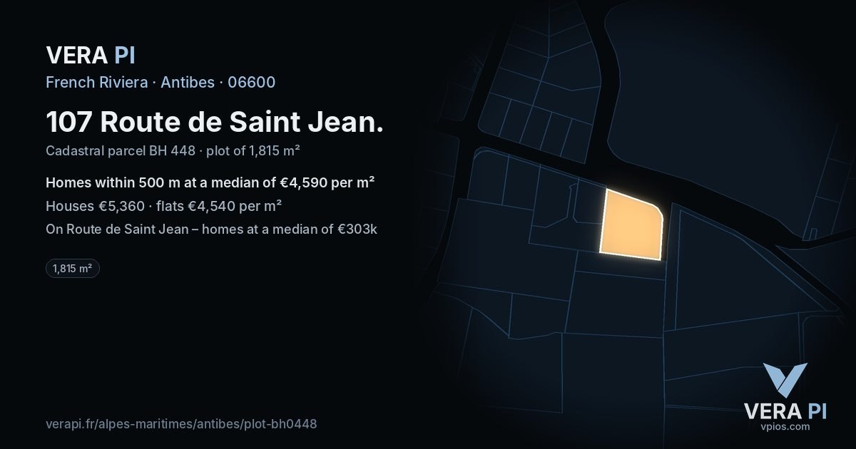 107 Route de Saint Jean, Antibes at night – the plot lit, the parcels around coloured by the prices near them