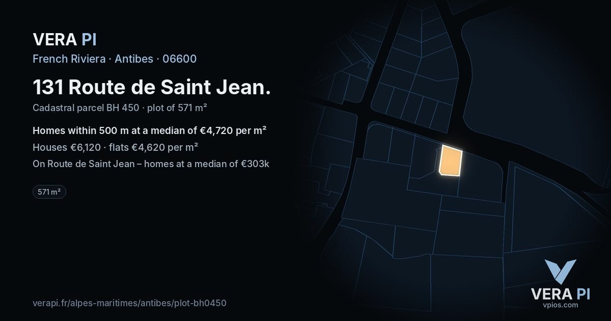 131 Route de Saint Jean, Antibes at night – the plot lit, the parcels around coloured by the prices near them