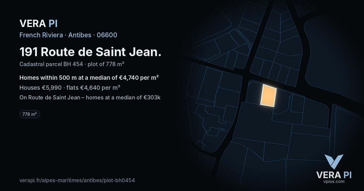 191 Route de Saint Jean, Antibes at night – the plot lit, the parcels around coloured by the prices near them