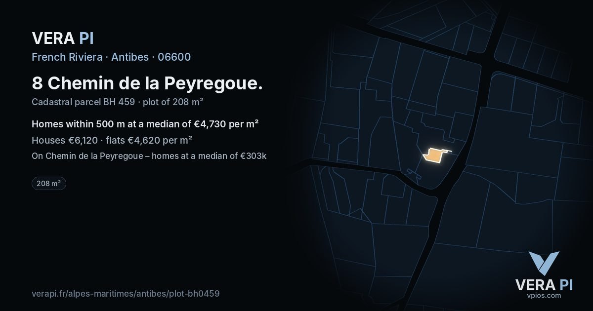 8 Chemin de la Peyregoue, Antibes at night – the plot lit, the parcels around coloured by the prices near them
