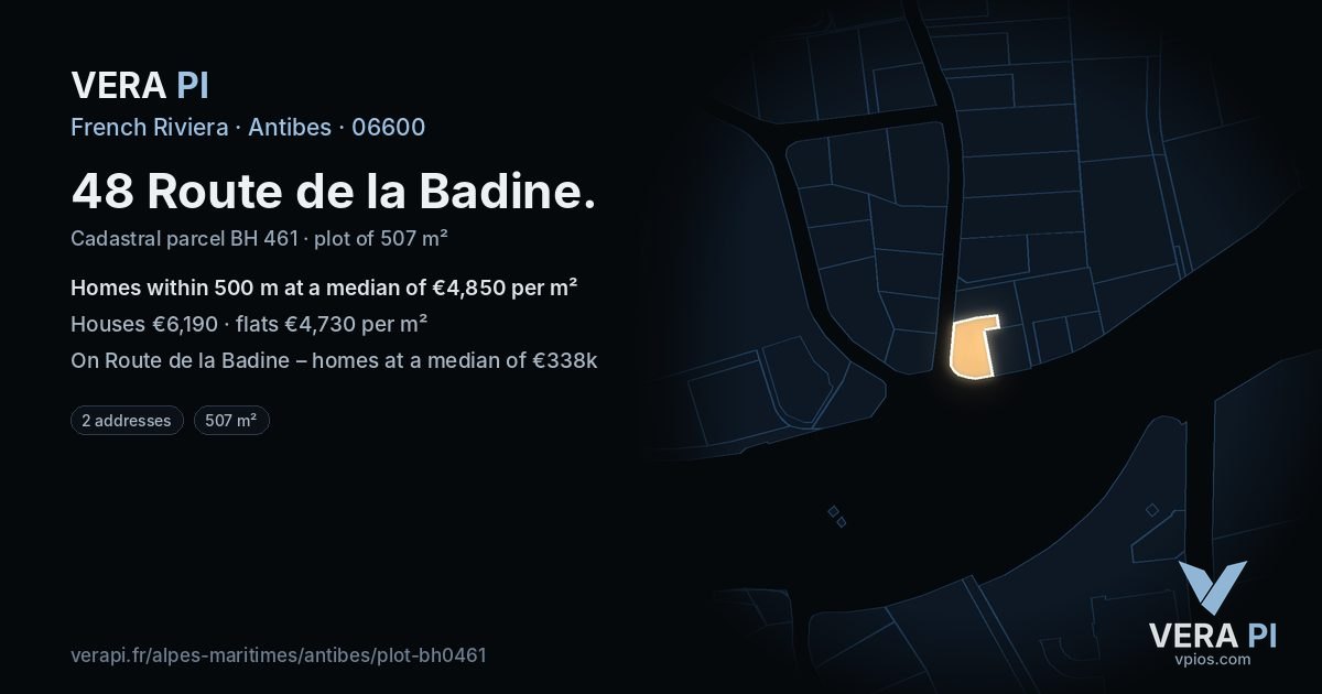 48 Route de la Badine, Antibes at night – the plot lit, the parcels around coloured by the prices near them