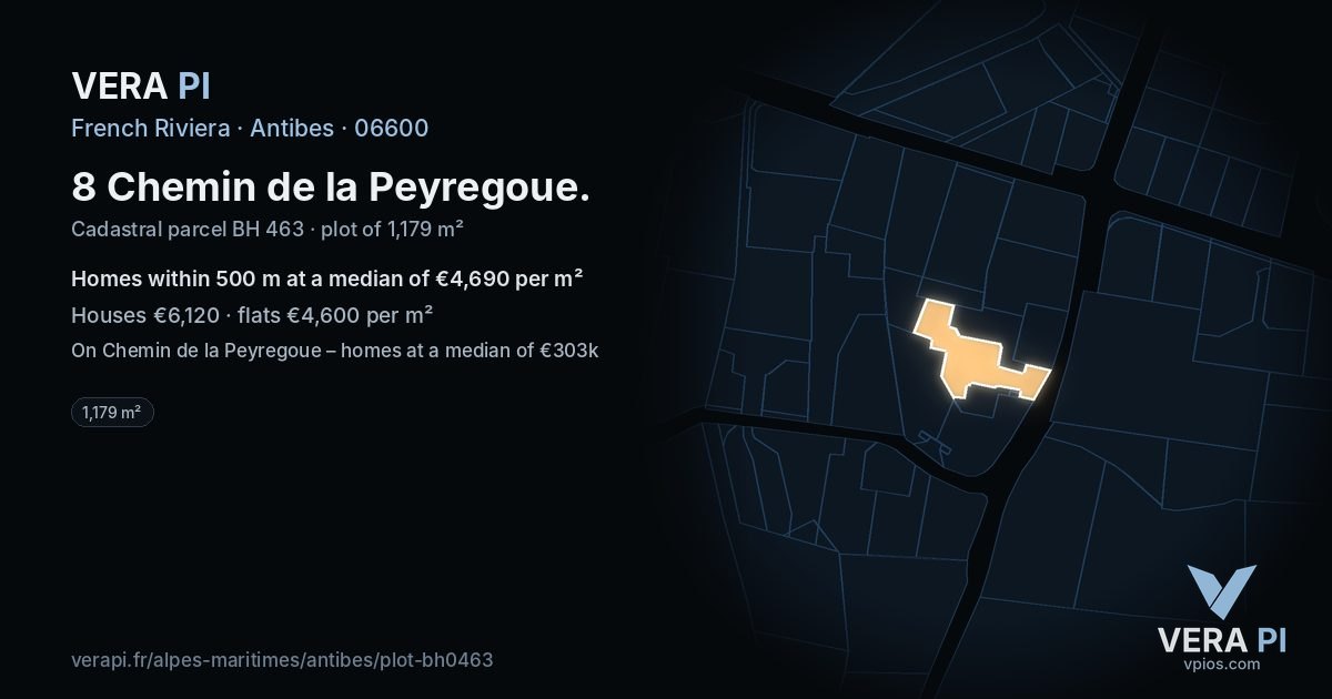 8 Chemin de la Peyregoue, Antibes at night – the plot lit, the parcels around coloured by the prices near them