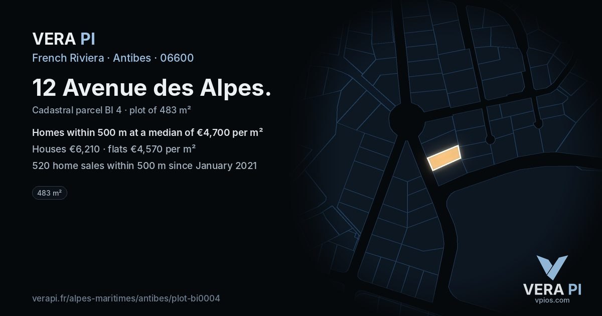 12 Avenue des Alpes, Antibes at night – the plot lit, the parcels around coloured by the prices near them