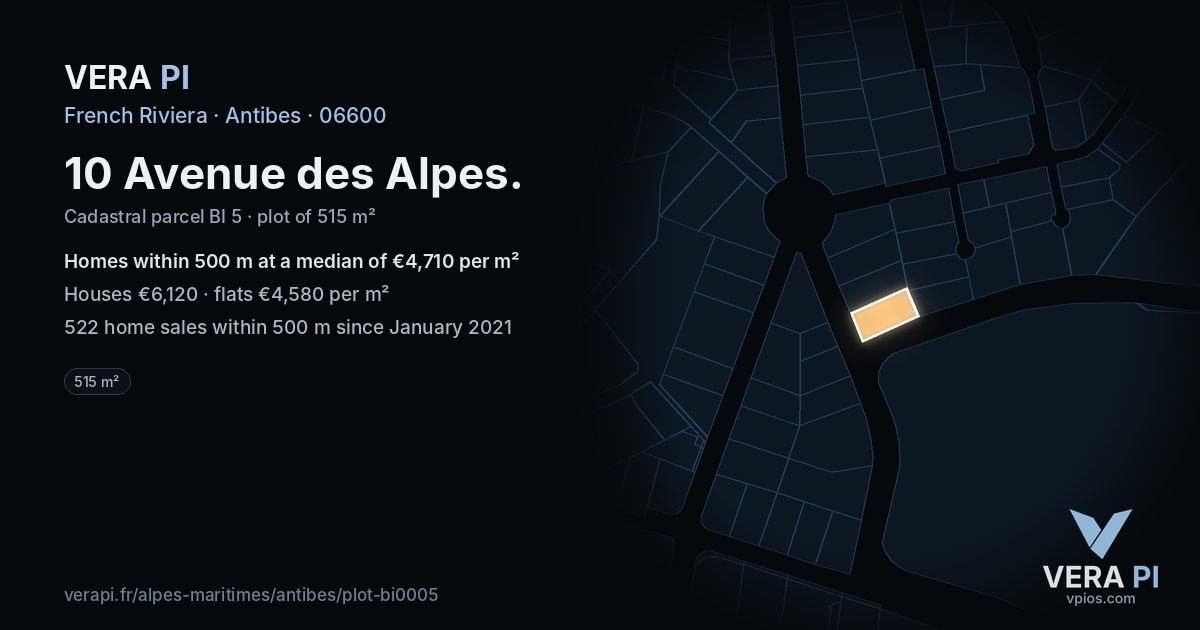 10 Avenue des Alpes, Antibes at night – the plot lit, the parcels around coloured by the prices near them