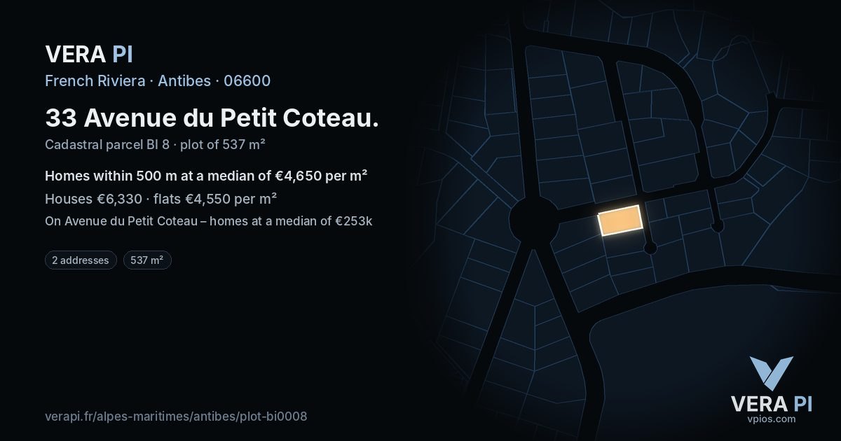 33 Avenue du Petit Coteau, Antibes at night – the plot lit, the parcels around coloured by the prices near them