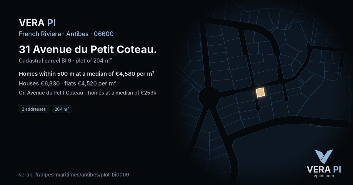 31 Avenue du Petit Coteau, Antibes at night – the plot lit, the parcels around coloured by the prices near them