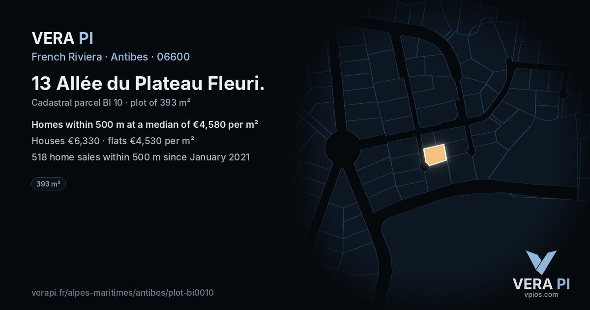 13 Allée du Plateau Fleuri, Antibes at night – the plot lit, the parcels around coloured by the prices near them