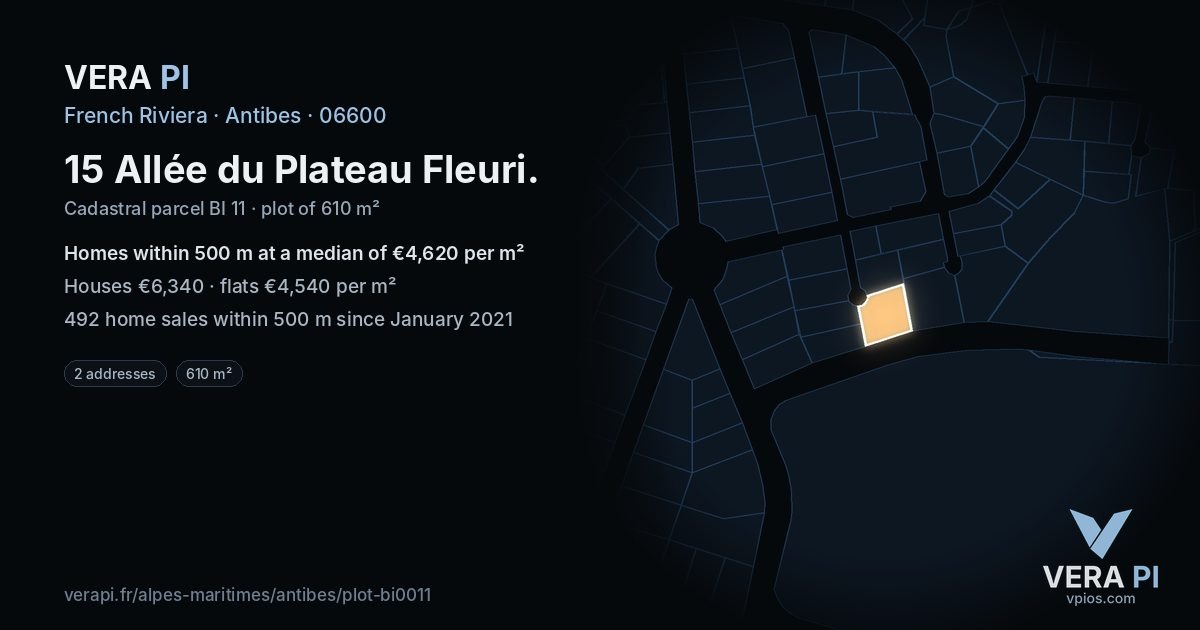 15 Allée du Plateau Fleuri, Antibes at night – the plot lit, the parcels around coloured by the prices near them