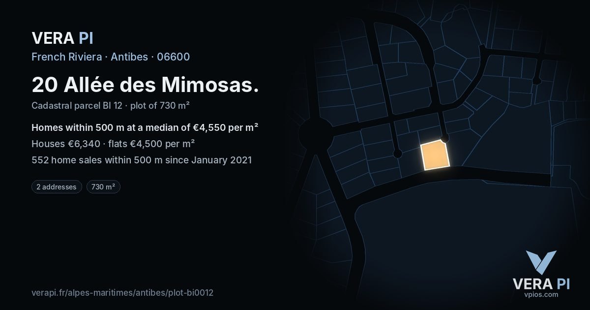 20 Allée des Mimosas, Antibes at night – the plot lit, the parcels around coloured by the prices near them