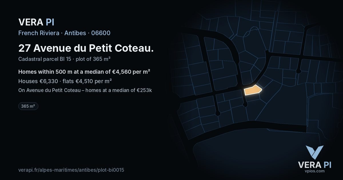 27 Avenue du Petit Coteau, Antibes at night – the plot lit, the parcels around coloured by the prices near them