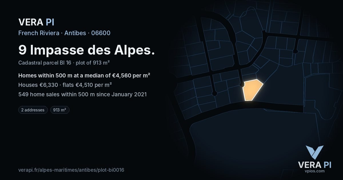 9 Impasse des Alpes, Antibes at night – the plot lit, the parcels around coloured by the prices near them