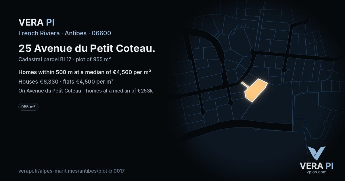 25 Avenue du Petit Coteau, Antibes at night – the plot lit, the parcels around coloured by the prices near them