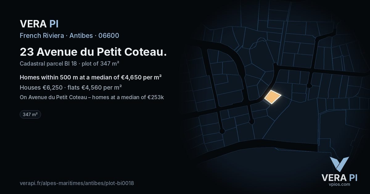 23 Avenue du Petit Coteau, Antibes at night – the plot lit, the parcels around coloured by the prices near them