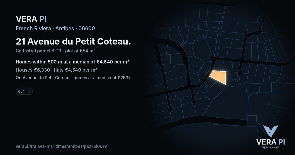 21 Avenue du Petit Coteau, Antibes at night – the plot lit, the parcels around coloured by the prices near them