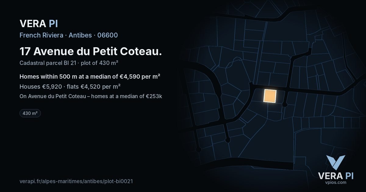 17 Avenue du Petit Coteau, Antibes at night – the plot lit, the parcels around coloured by the prices near them