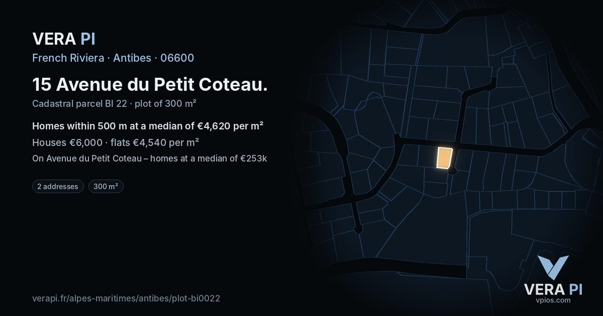 15 Avenue du Petit Coteau, Antibes at night – the plot lit, the parcels around coloured by the prices near them