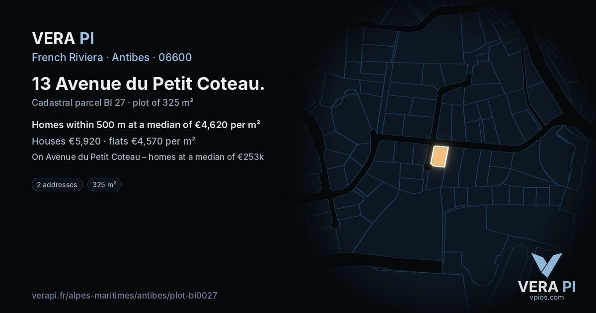 13 Avenue du Petit Coteau, Antibes at night – the plot lit, the parcels around coloured by the prices near them