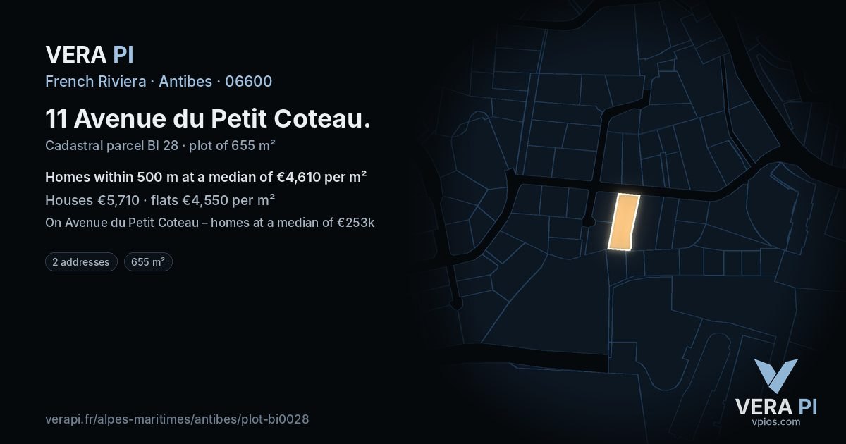11 Avenue du Petit Coteau, Antibes at night – the plot lit, the parcels around coloured by the prices near them