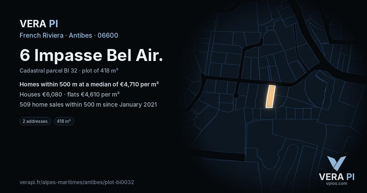 6 Impasse Bel Air, Antibes at night – the plot lit, the parcels around coloured by the prices near them