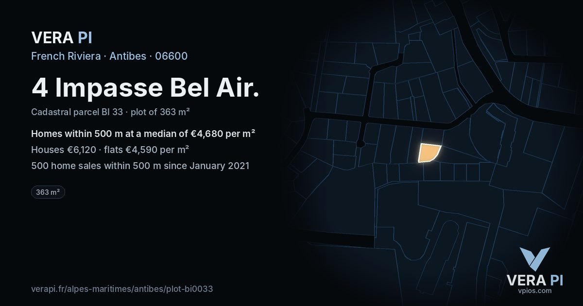 4 Impasse Bel Air, Antibes at night – the plot lit, the parcels around coloured by the prices near them