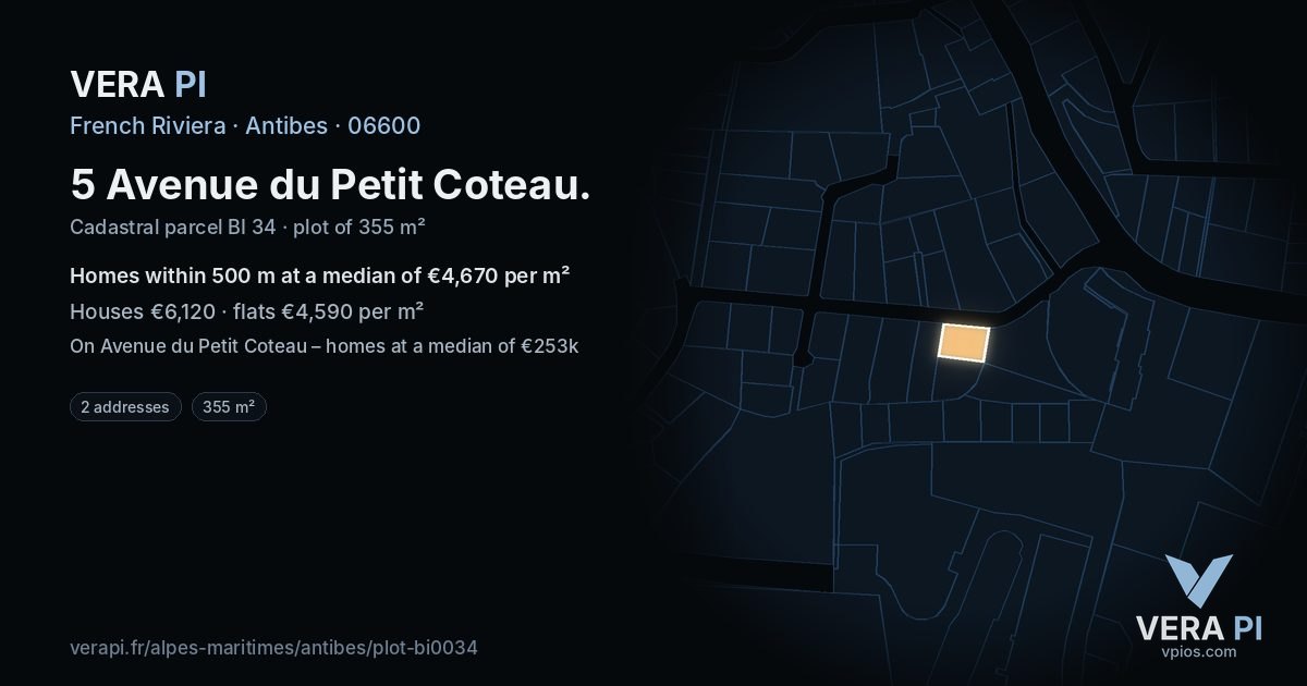 5 Avenue du Petit Coteau, Antibes at night – the plot lit, the parcels around coloured by the prices near them