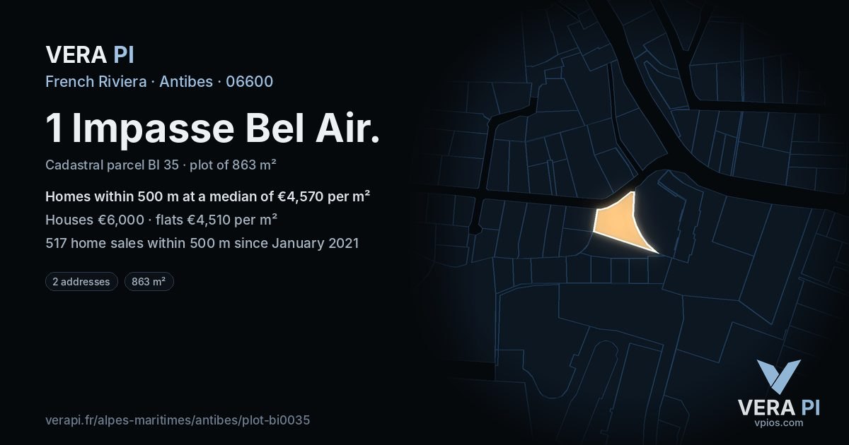 1 Impasse Bel Air, Antibes at night – the plot lit, the parcels around coloured by the prices near them