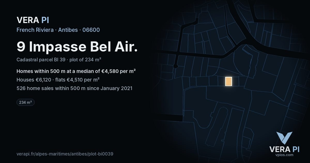 9 Impasse Bel Air, Antibes at night – the plot lit, the parcels around coloured by the prices near them