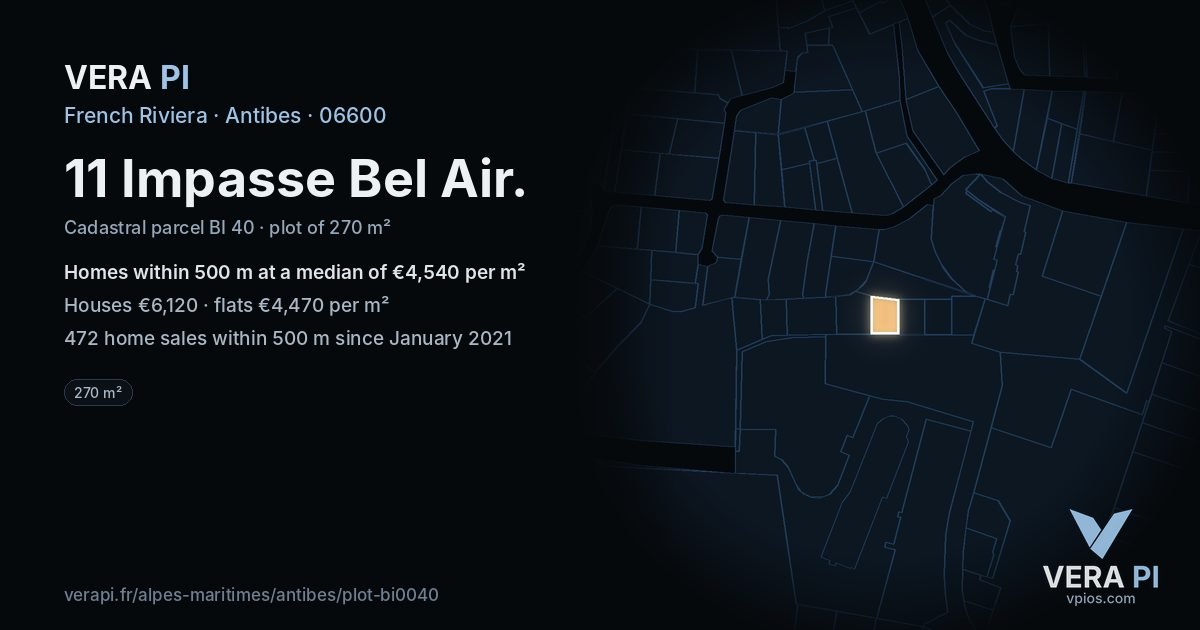 11 Impasse Bel Air, Antibes at night – the plot lit, the parcels around coloured by the prices near them