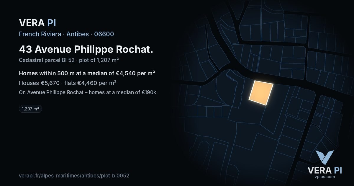43 Avenue Philippe Rochat, Antibes at night – the plot lit, the parcels around coloured by the prices near them