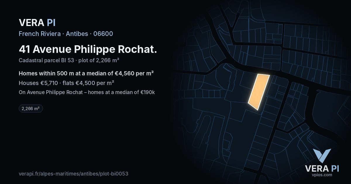 41 Avenue Philippe Rochat, Antibes at night – the plot lit, the parcels around coloured by the prices near them