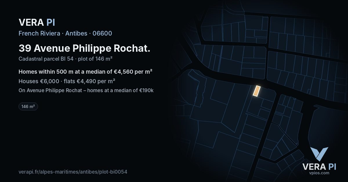 39 Avenue Philippe Rochat, Antibes at night – the plot lit, the parcels around coloured by the prices near them