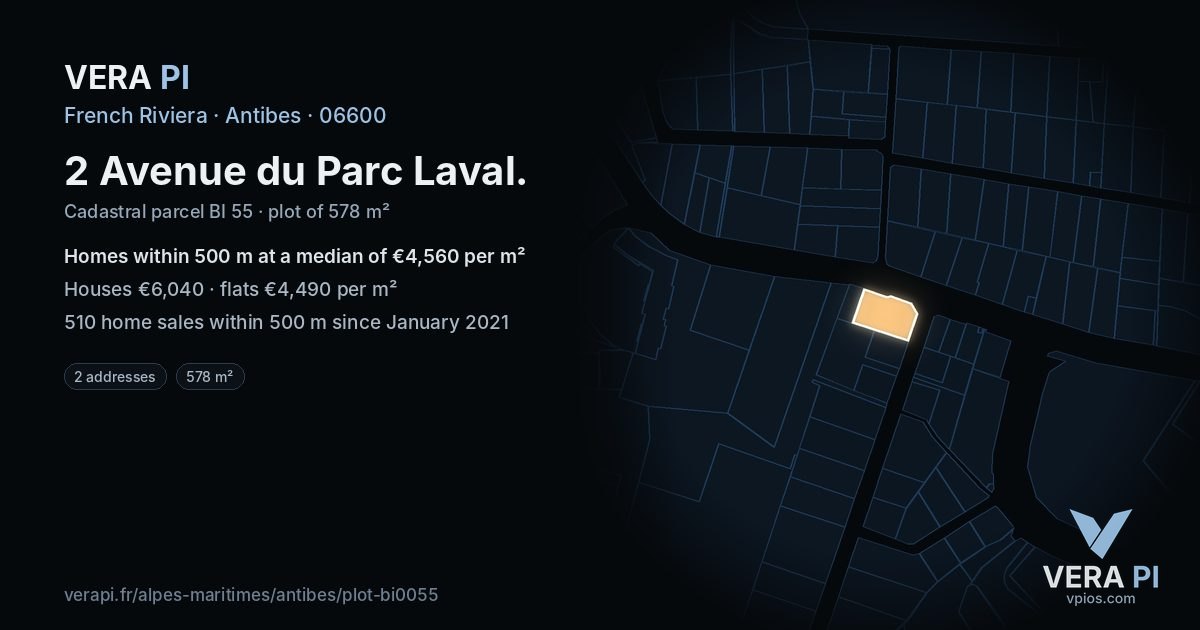 2 Avenue du Parc Laval, Antibes at night – the plot lit, the parcels around coloured by the prices near them