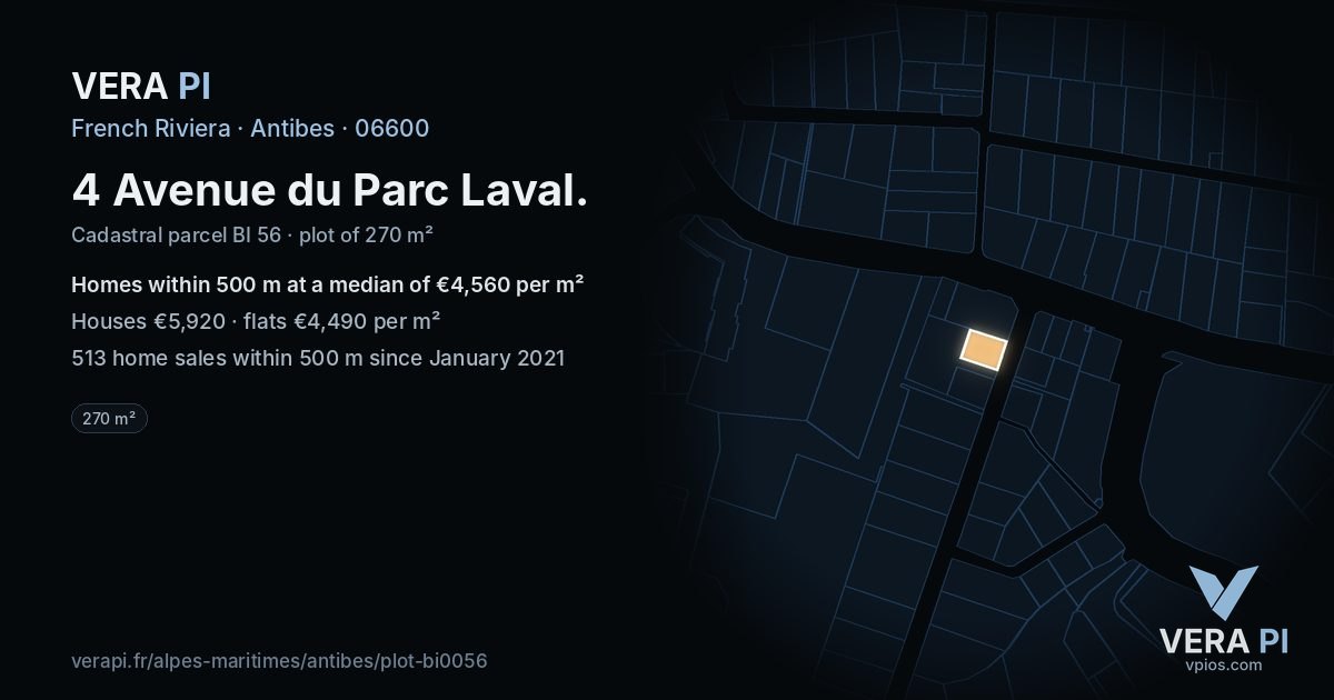 4 Avenue du Parc Laval, Antibes at night – the plot lit, the parcels around coloured by the prices near them