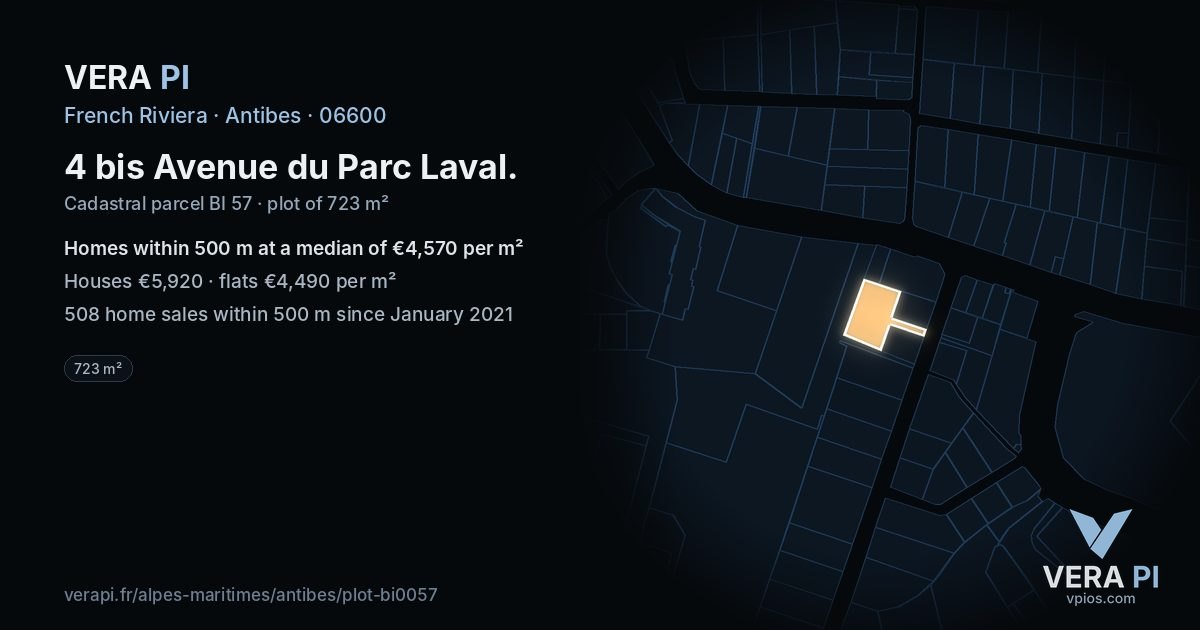 4 bis Avenue du Parc Laval, Antibes at night – the plot lit, the parcels around coloured by the prices near them