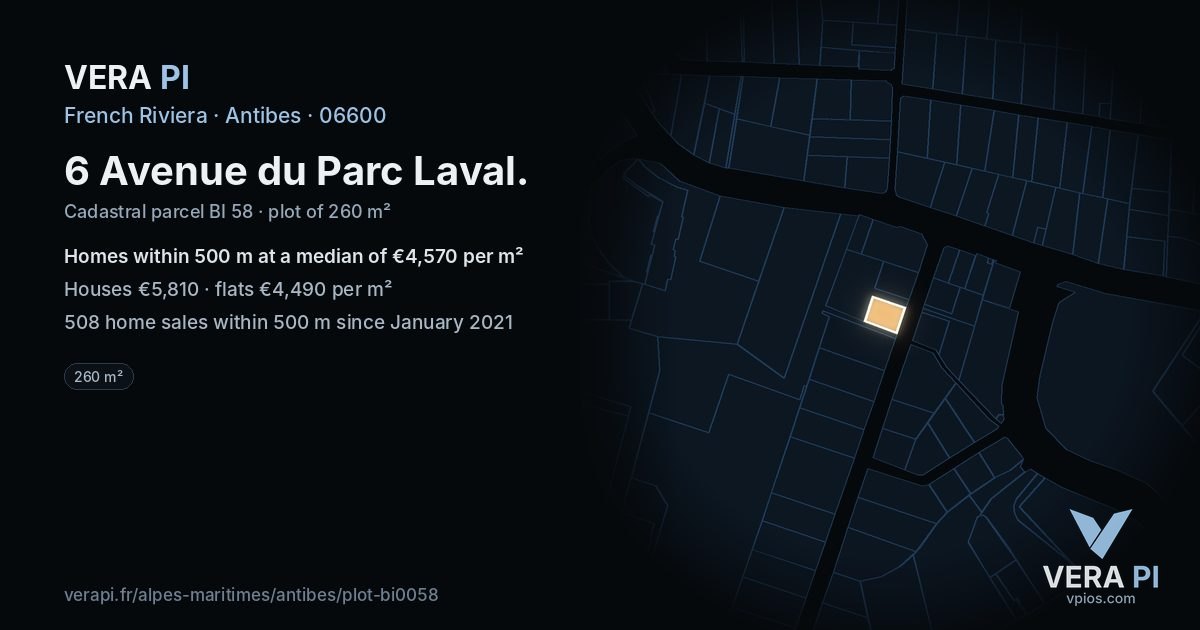 6 Avenue du Parc Laval, Antibes at night – the plot lit, the parcels around coloured by the prices near them