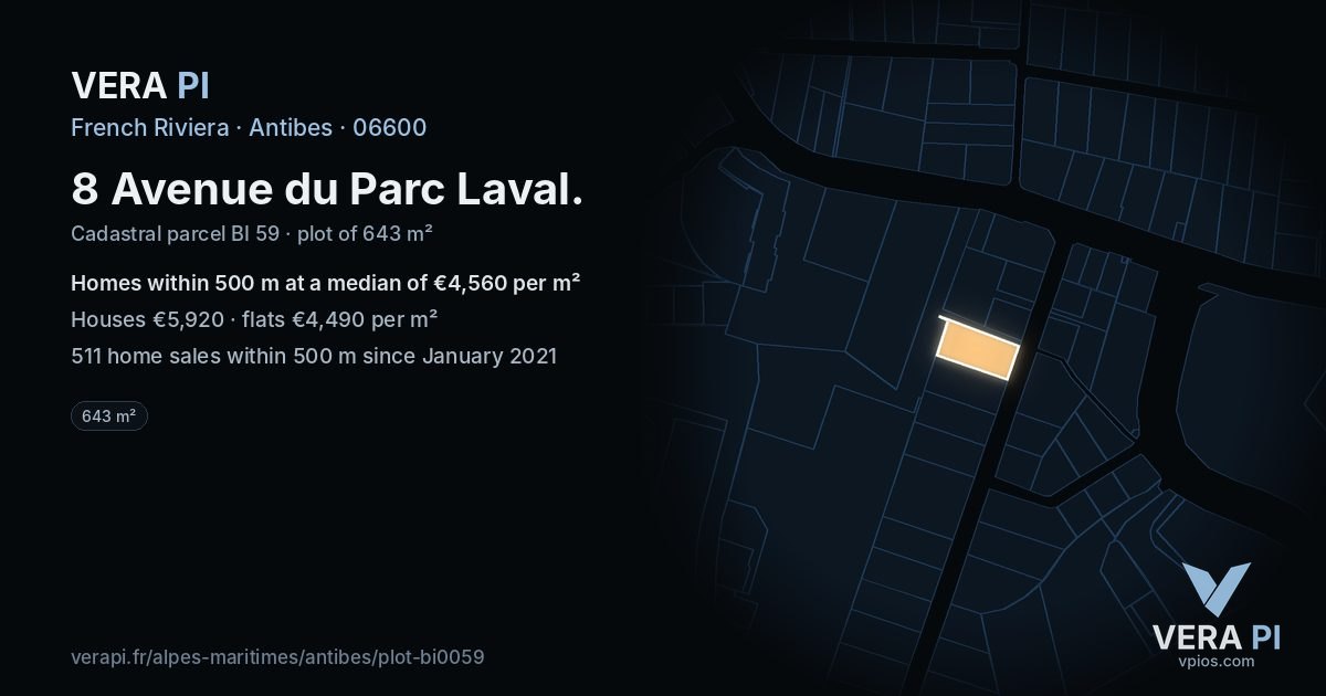 8 Avenue du Parc Laval, Antibes at night – the plot lit, the parcels around coloured by the prices near them