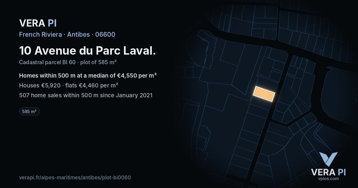 10 Avenue du Parc Laval, Antibes at night – the plot lit, the parcels around coloured by the prices near them