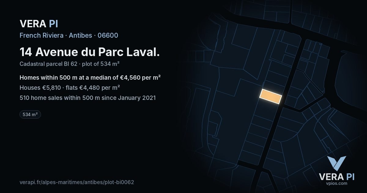 14 Avenue du Parc Laval, Antibes at night – the plot lit, the parcels around coloured by the prices near them