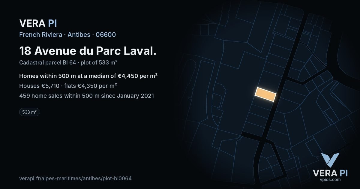 18 Avenue du Parc Laval, Antibes at night – the plot lit, the parcels around coloured by the prices near them