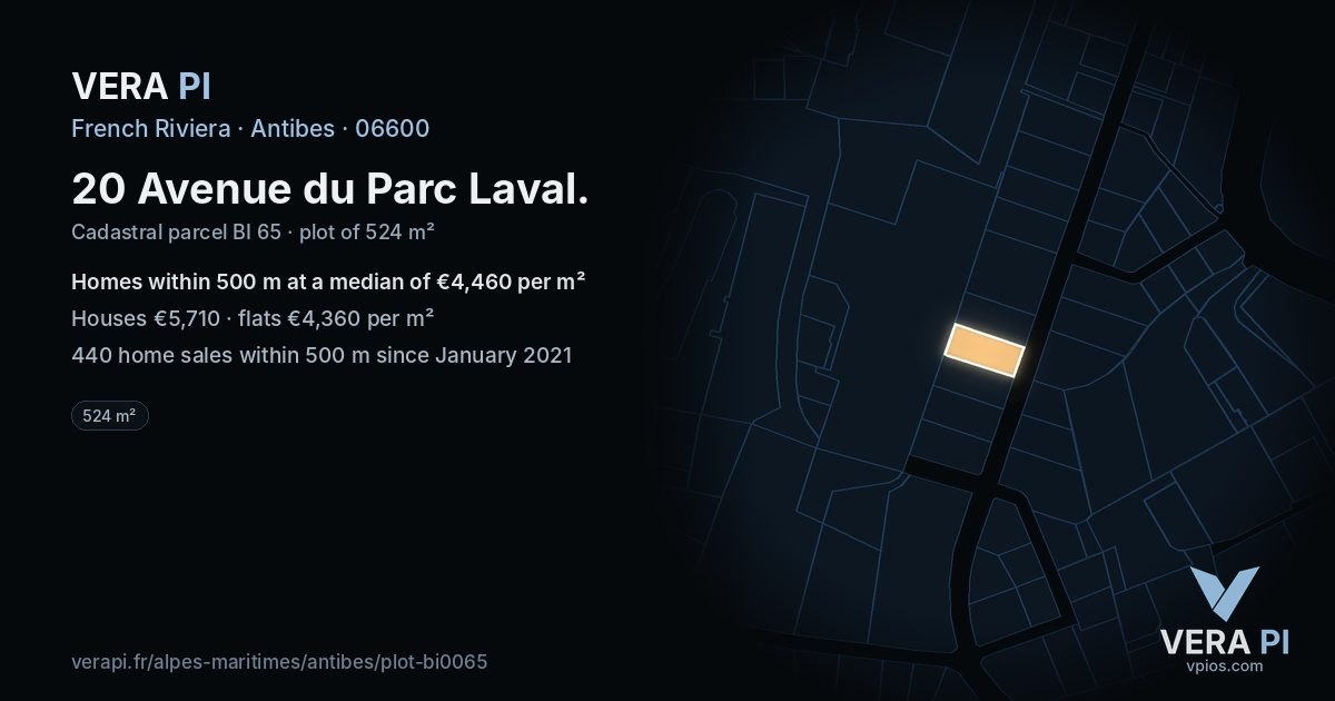 20 Avenue du Parc Laval, Antibes at night – the plot lit, the parcels around coloured by the prices near them