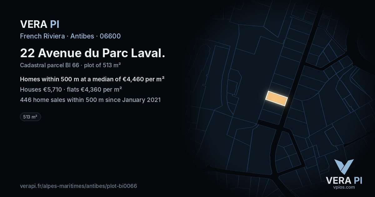 22 Avenue du Parc Laval, Antibes at night – the plot lit, the parcels around coloured by the prices near them