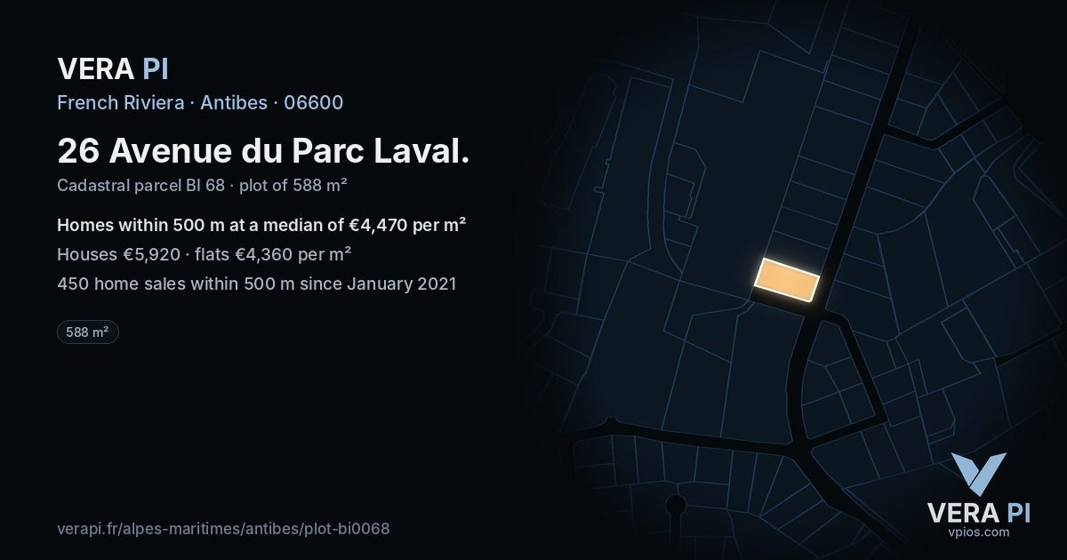 26 Avenue du Parc Laval, Antibes at night – the plot lit, the parcels around coloured by the prices near them