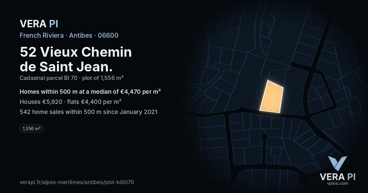 52 Vieux Chemin de Saint Jean, Antibes at night – the plot lit, the parcels around coloured by the prices near them