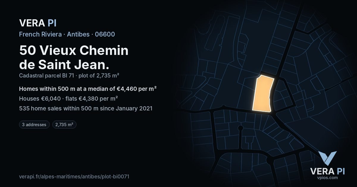 50 Vieux Chemin de Saint Jean, Antibes at night – the plot lit, the parcels around coloured by the prices near them