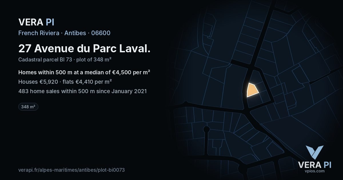 27 Avenue du Parc Laval, Antibes at night – the plot lit, the parcels around coloured by the prices near them