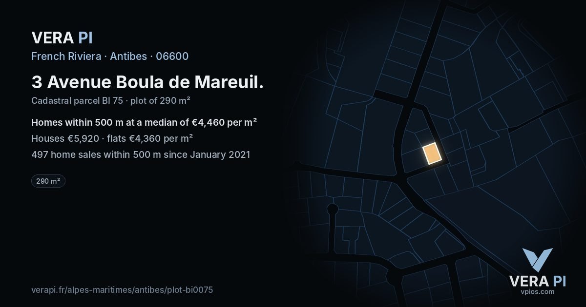 3 Avenue Boula de Mareuil, Antibes at night – the plot lit, the parcels around coloured by the prices near them